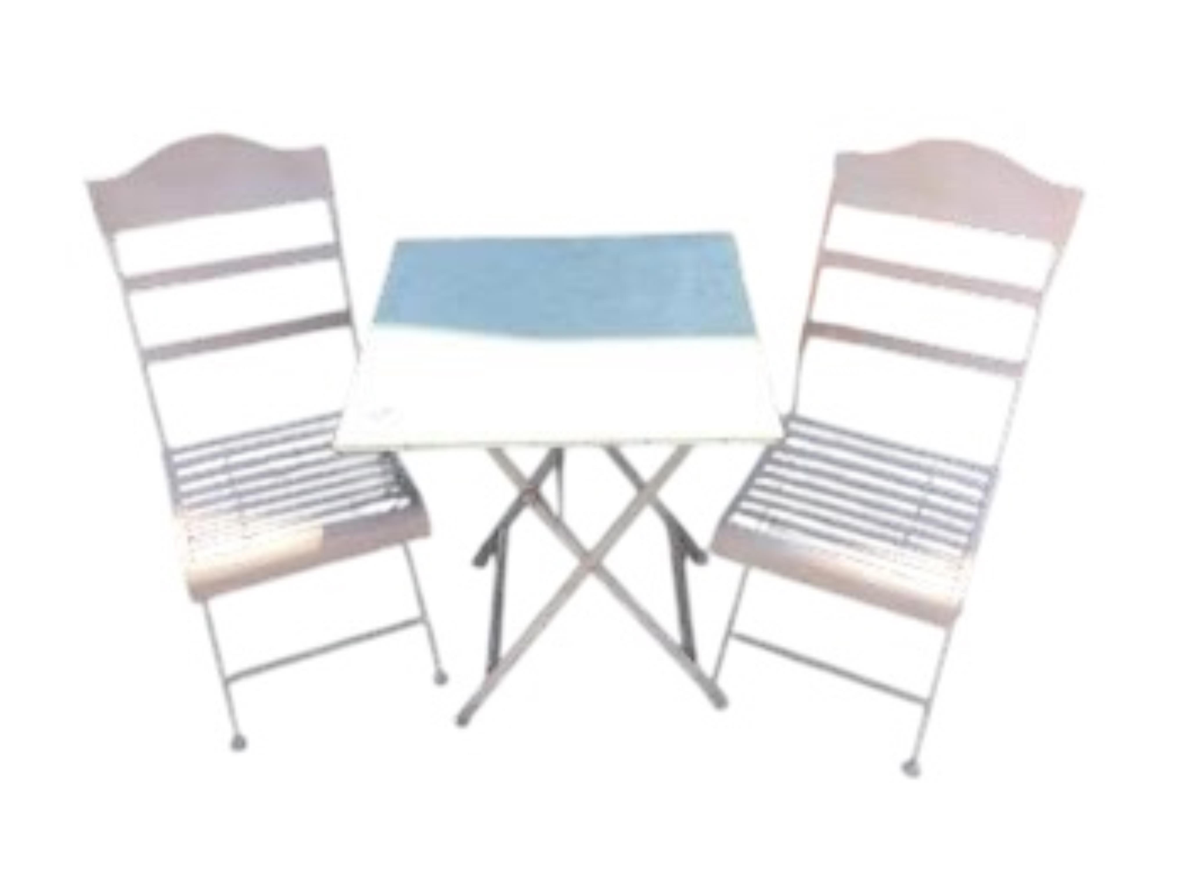 A zinc topped painted metal square folding garden table, 60cm, height 72cm and two chairs